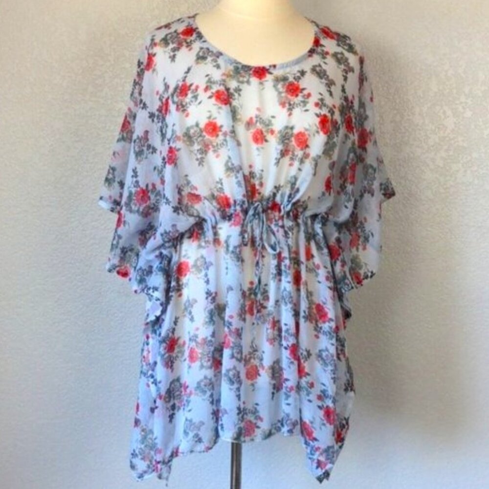 California Woman Cover Up One Size Light Blue Floral Drawstring Waist Kaftan